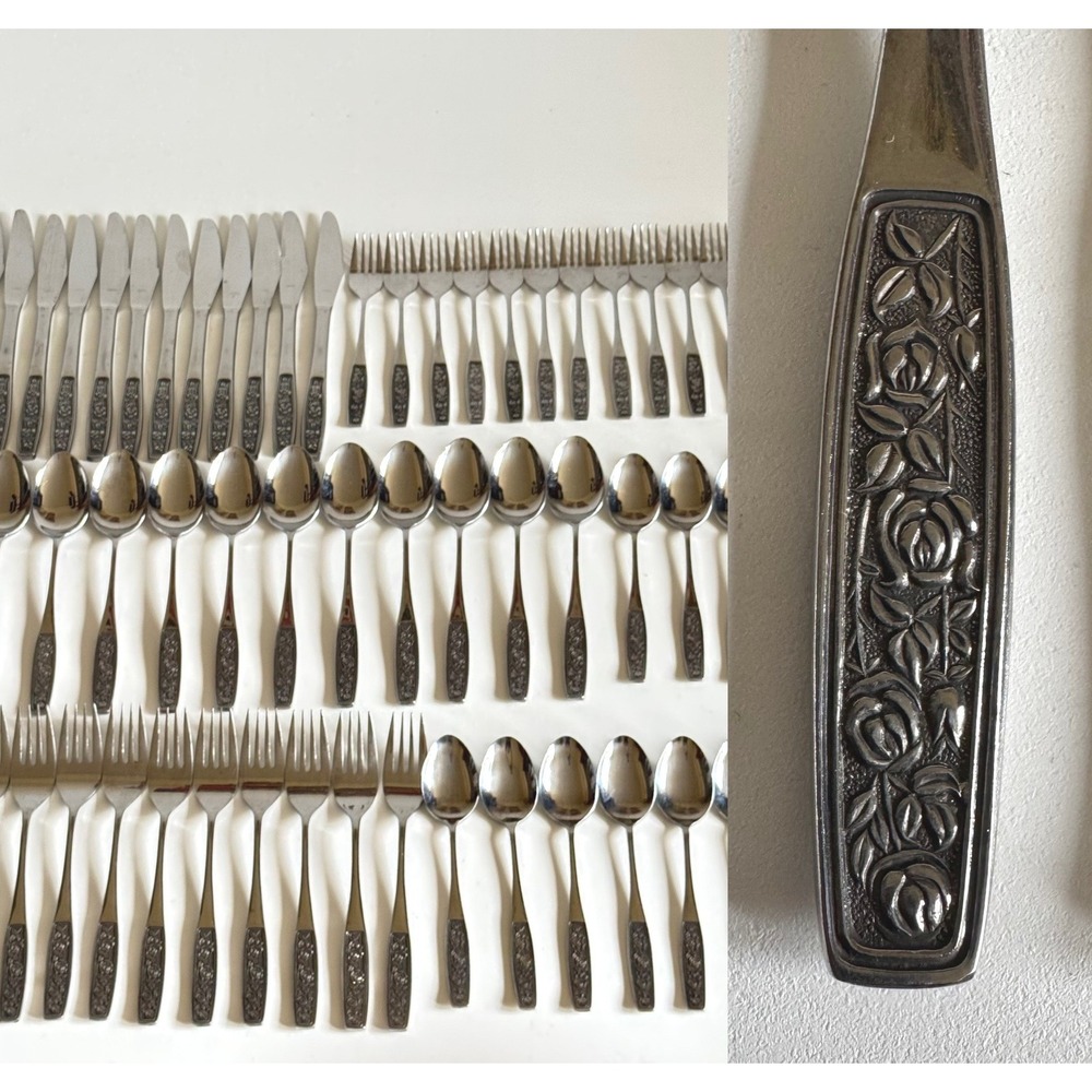 Vtg 1960's Interpur INR28 62 Pieces Japan Stainless Steel Flatware Rose Floral